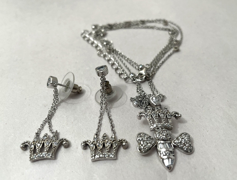 925 Sterling Silver Crown Bee Pendant Necklace & Dangle Earrings Set